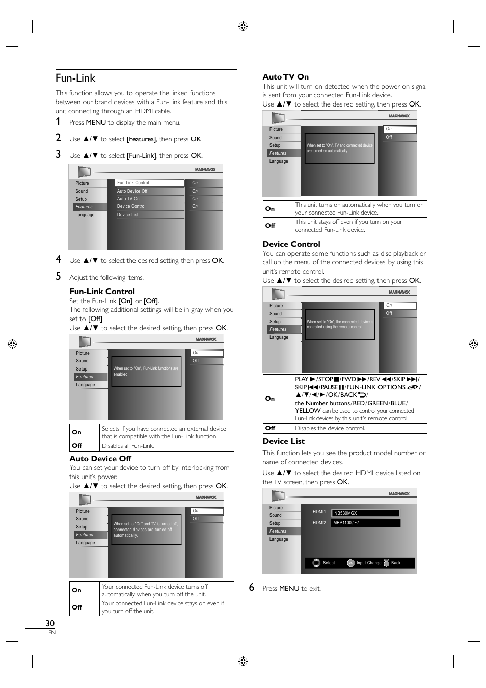 Fun-link, Fun-link control, Auto device off | Auto tv on, Device control, Device list | Philips Magnavox LCD 19MF330B User Manual | Page 30 / 37
