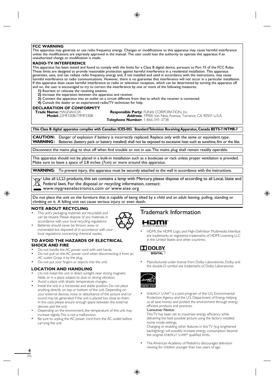 Trademark information | Philips Magnavox LCD 19MF330B User Manual | Page 4 / 37