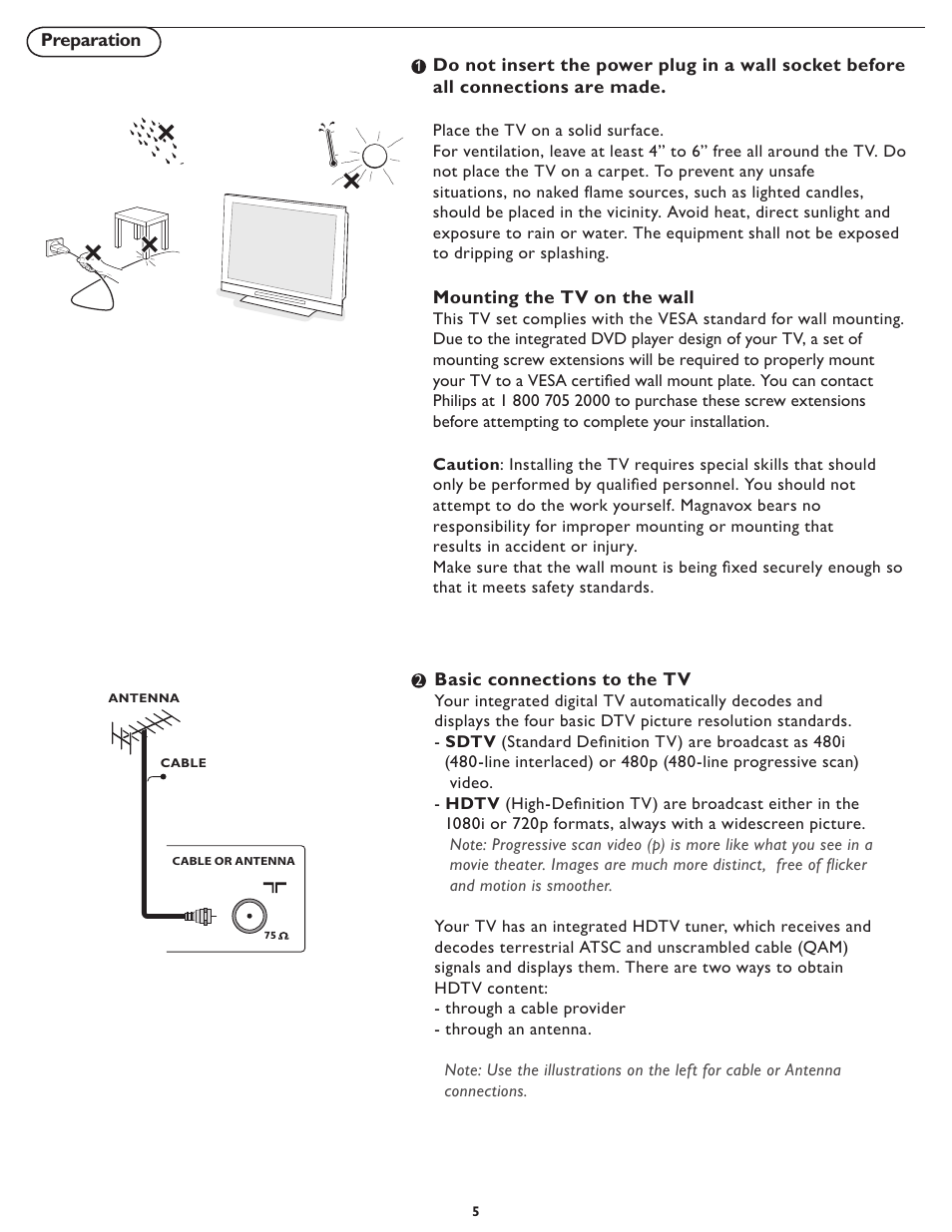 Mounting the tv on the wall, Basic connections to the tv | Philips Magnavox 26md357b User Manual | Page 12 / 56