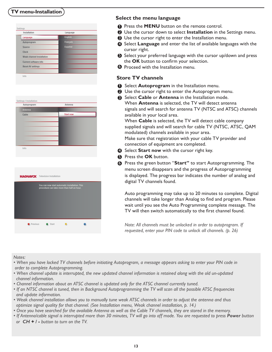 Tv menu-installation, Select the menu language, Store tv channels | Philips Magnavox 26md357b User Manual | Page 20 / 56