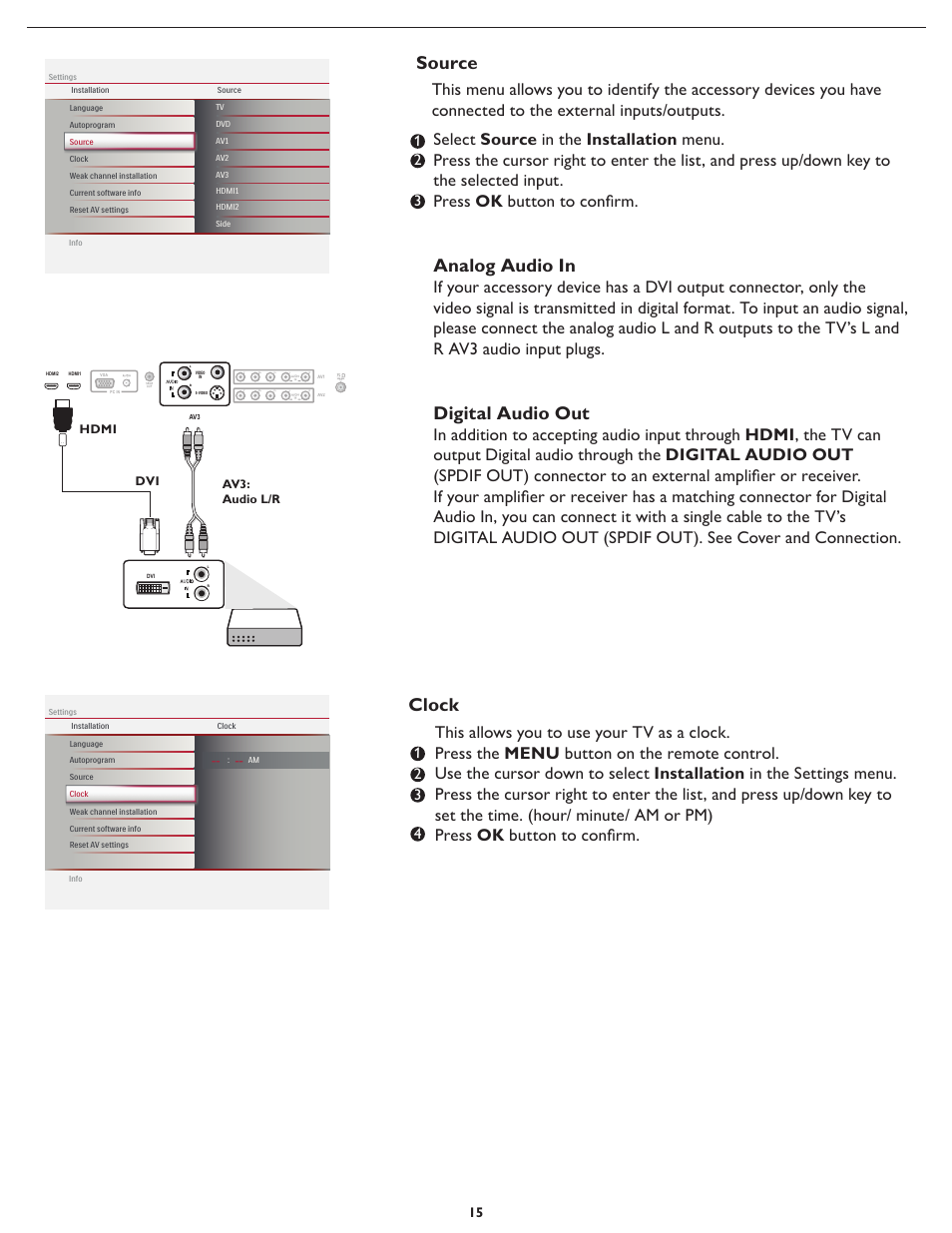Analog audio in, Digital audio out, Source | Clock, Hdmi dvi av3: audio l/r | Philips Magnavox 26md357b User Manual | Page 22 / 56