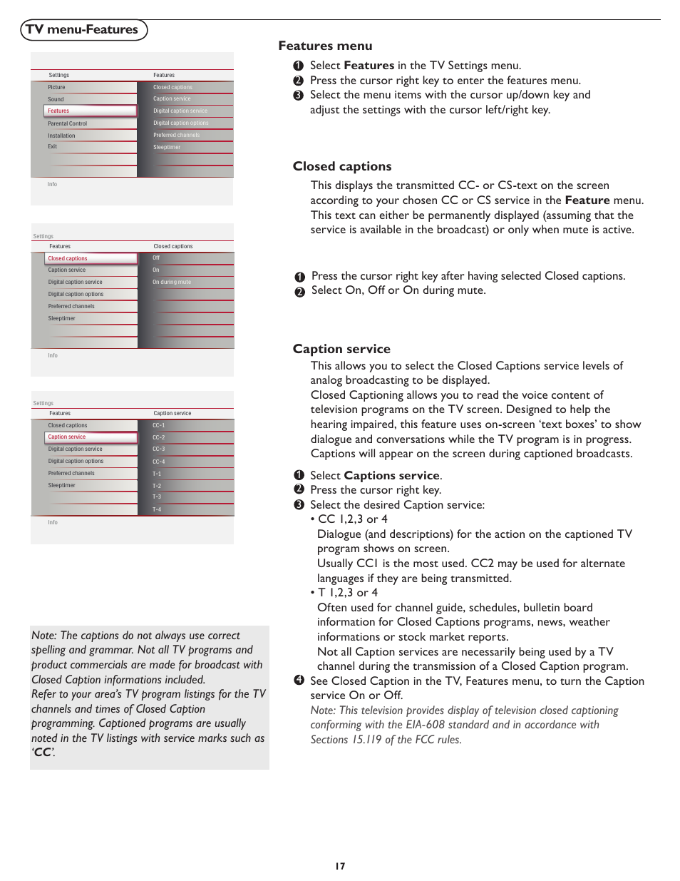 Tv menu-features, Features menu, Closed captions | Caption service | Philips Magnavox 26md357b User Manual | Page 24 / 56