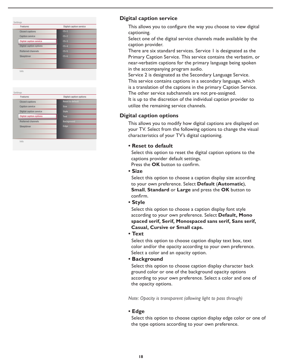 Reset to default, Size, Style | Text, Background, Edge, Digital caption options, Digital caption service | Philips Magnavox 26md357b User Manual | Page 25 / 56