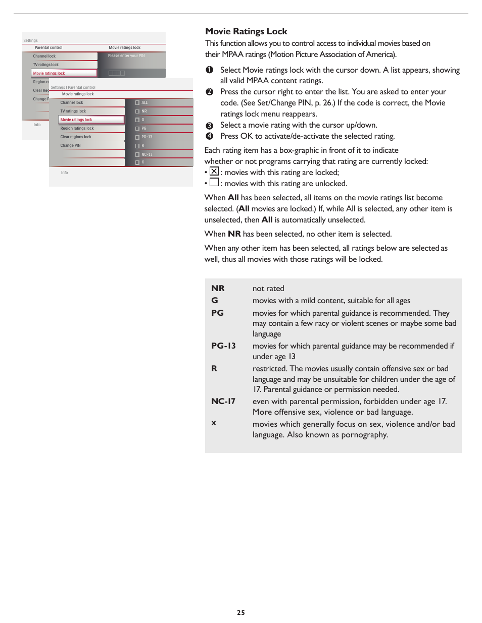 Movie ratings lock | Philips Magnavox 26md357b User Manual | Page 32 / 56