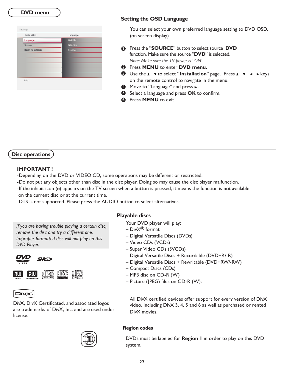 Dvd menu disc operations, Playable discs, Setting the osd language | Philips Magnavox 26md357b User Manual | Page 34 / 56