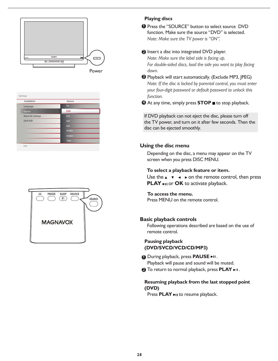 Using the disc menu, Basic playback controls, Playing discs | Power | Philips Magnavox 26md357b User Manual | Page 35 / 56