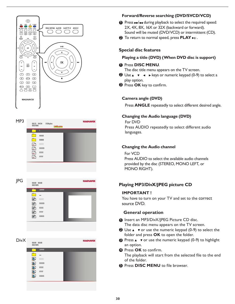 Special disc features, Playing mp3/divx/jpeg picture cd, Correct source dvd | General operation, Mp3 jpg divx, Playing a title (dvd) (when dvd disc is support) | Philips Magnavox 26md357b User Manual | Page 37 / 56