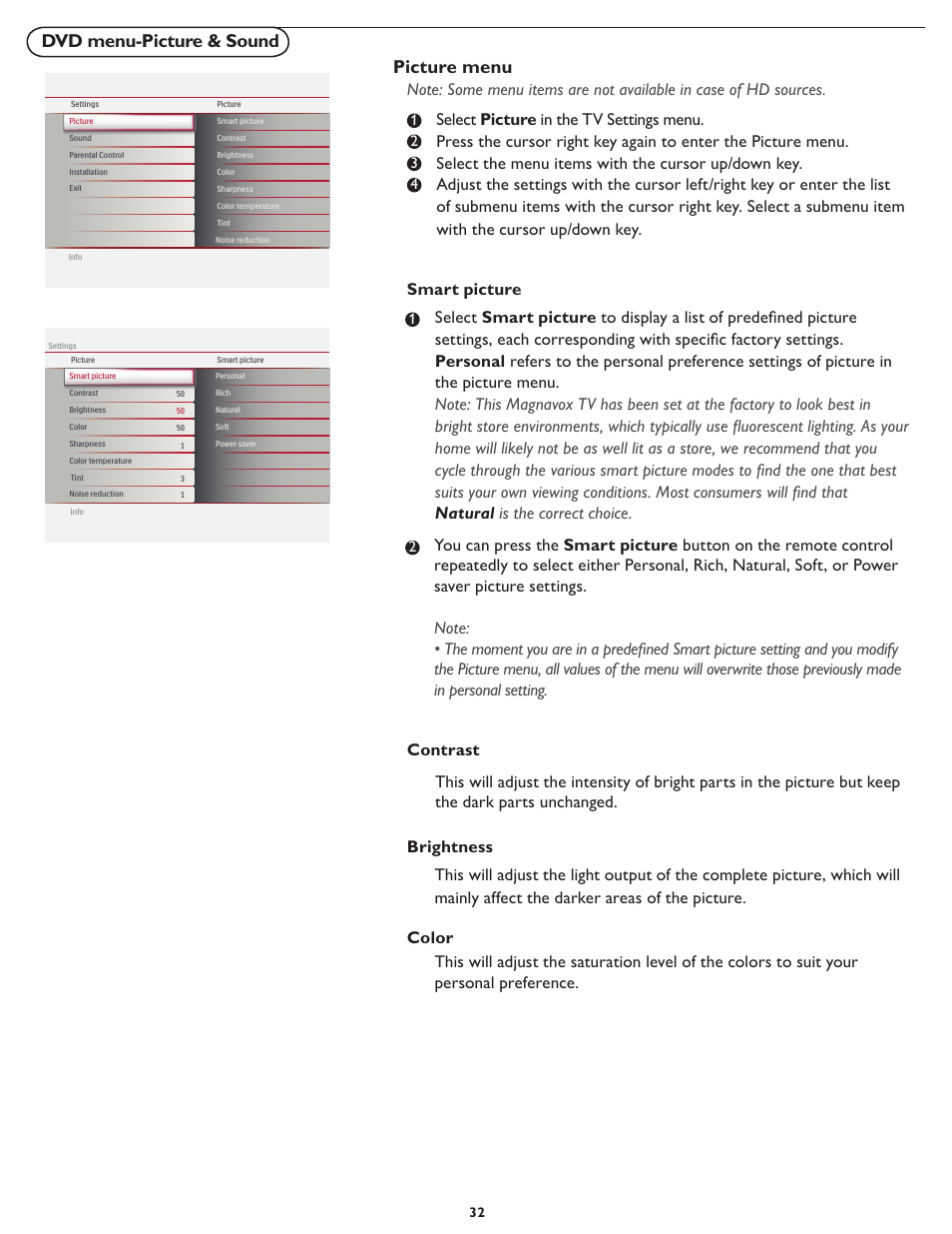 Dvd menu-picture & sound, Picture menu | Philips Magnavox 26md357b User Manual | Page 39 / 56