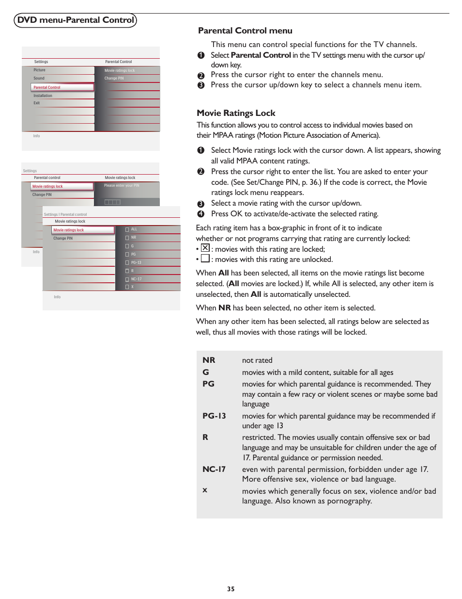 Parental control menu, Dvd menu-parental control, Movie ratings lock | Philips Magnavox 26md357b User Manual | Page 42 / 56