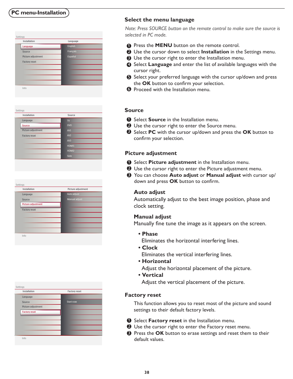 Pc menu-installation, Select the menu language, Source | Picture adjustment | Philips Magnavox 26md357b User Manual | Page 45 / 56