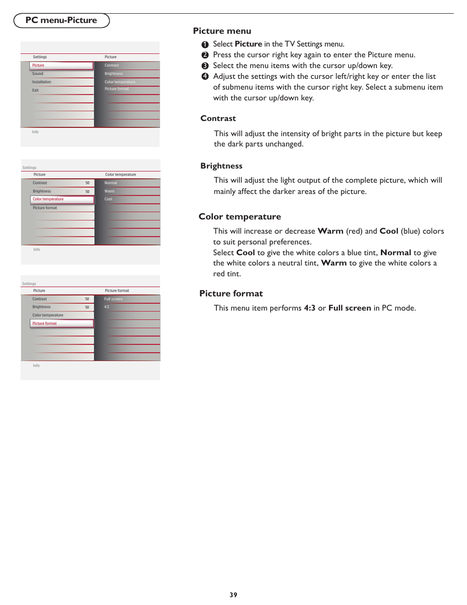 Pc menu-picture picture menu color temperature, Picture format, Brightness | Philips Magnavox 26md357b User Manual | Page 46 / 56