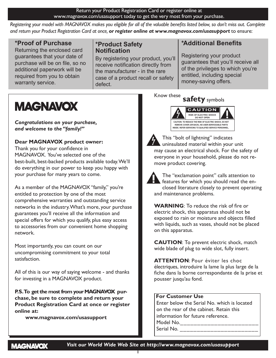 Safety, Proof of purchase, Product safety notification | Additional benefits | Philips Magnavox 26md357b User Manual | Page 8 / 56