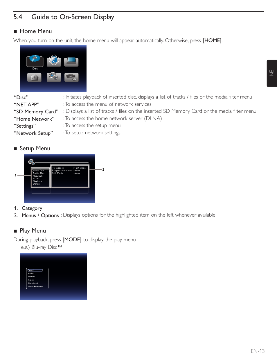 4 guide to on-screen display, Home menu, Setup menu | Play menu | Philips Magnavox Blu-Ray Disc/DVD Player with built in WiFi MBP5220F User Manual | Page 13 / 68