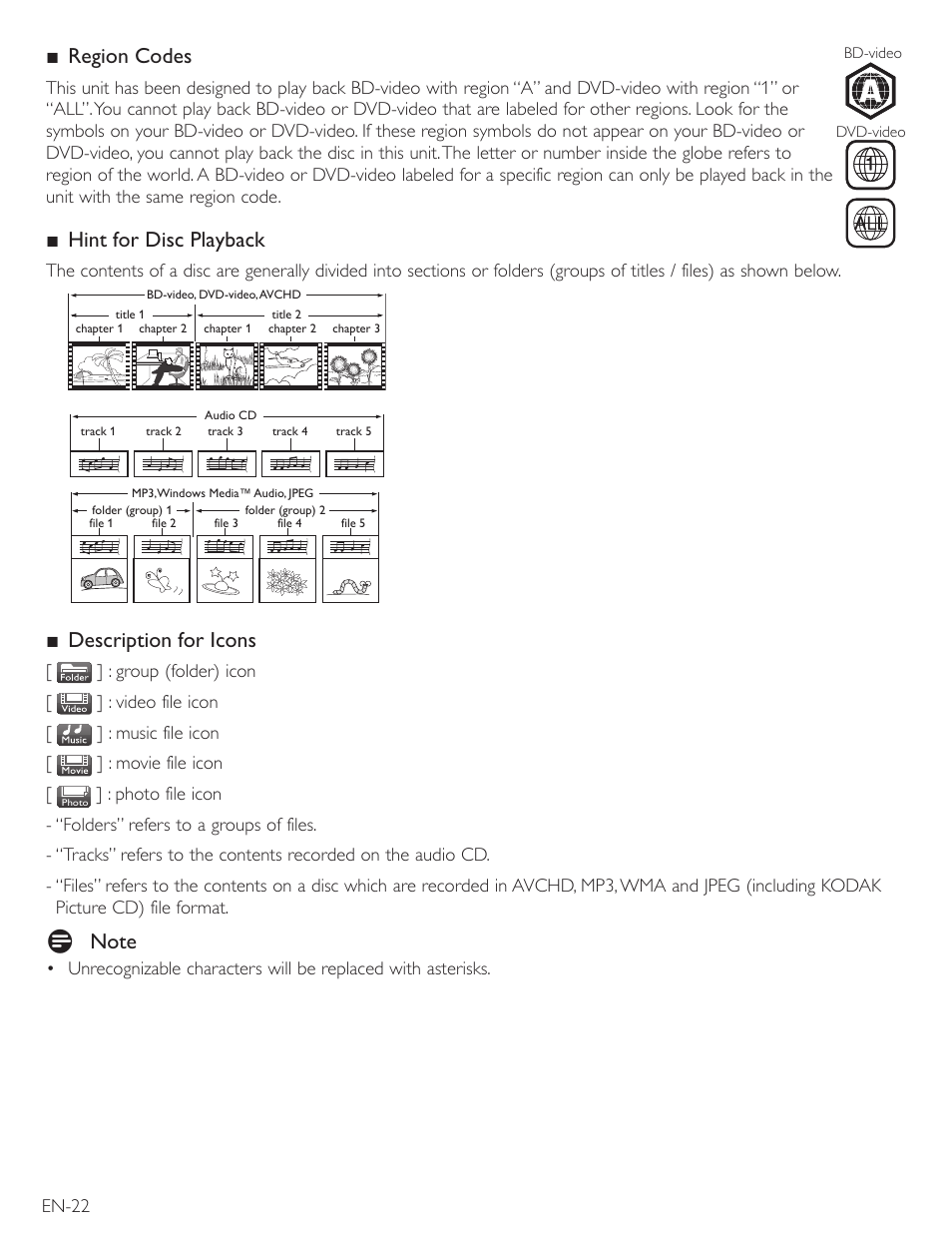 Region codes, Hint for disc playback, Description for icons | Philips Magnavox Blu-Ray Disc/DVD Player with built in WiFi MBP5220F User Manual | Page 22 / 68