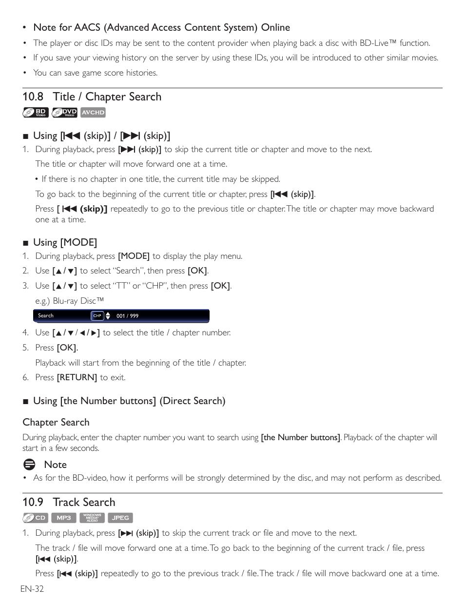 8 title / chapter search, 9 track search | Philips Magnavox Blu-Ray Disc/DVD Player with built in WiFi MBP5220F User Manual | Page 32 / 68