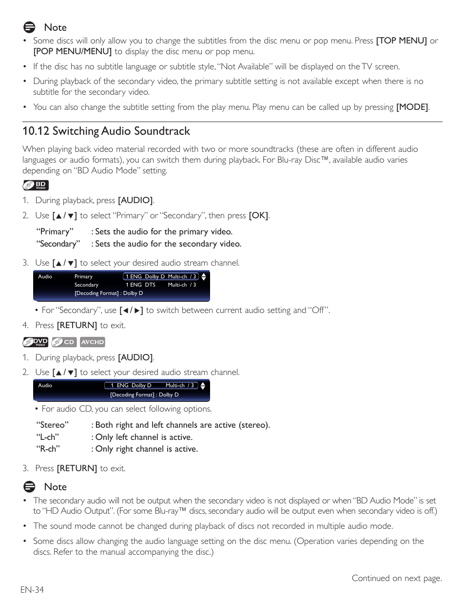 12 switching audio soundtrack | Philips Magnavox Blu-Ray Disc/DVD Player with built in WiFi MBP5220F User Manual | Page 34 / 68