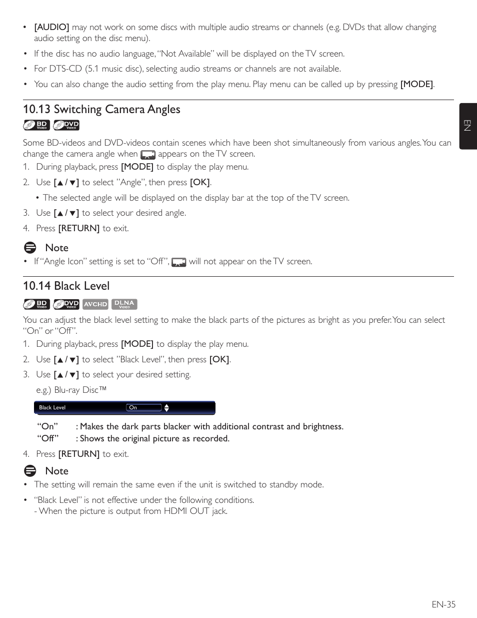 13 switching camera angles, 14 black level | Philips Magnavox Blu-Ray Disc/DVD Player with built in WiFi MBP5220F User Manual | Page 35 / 68