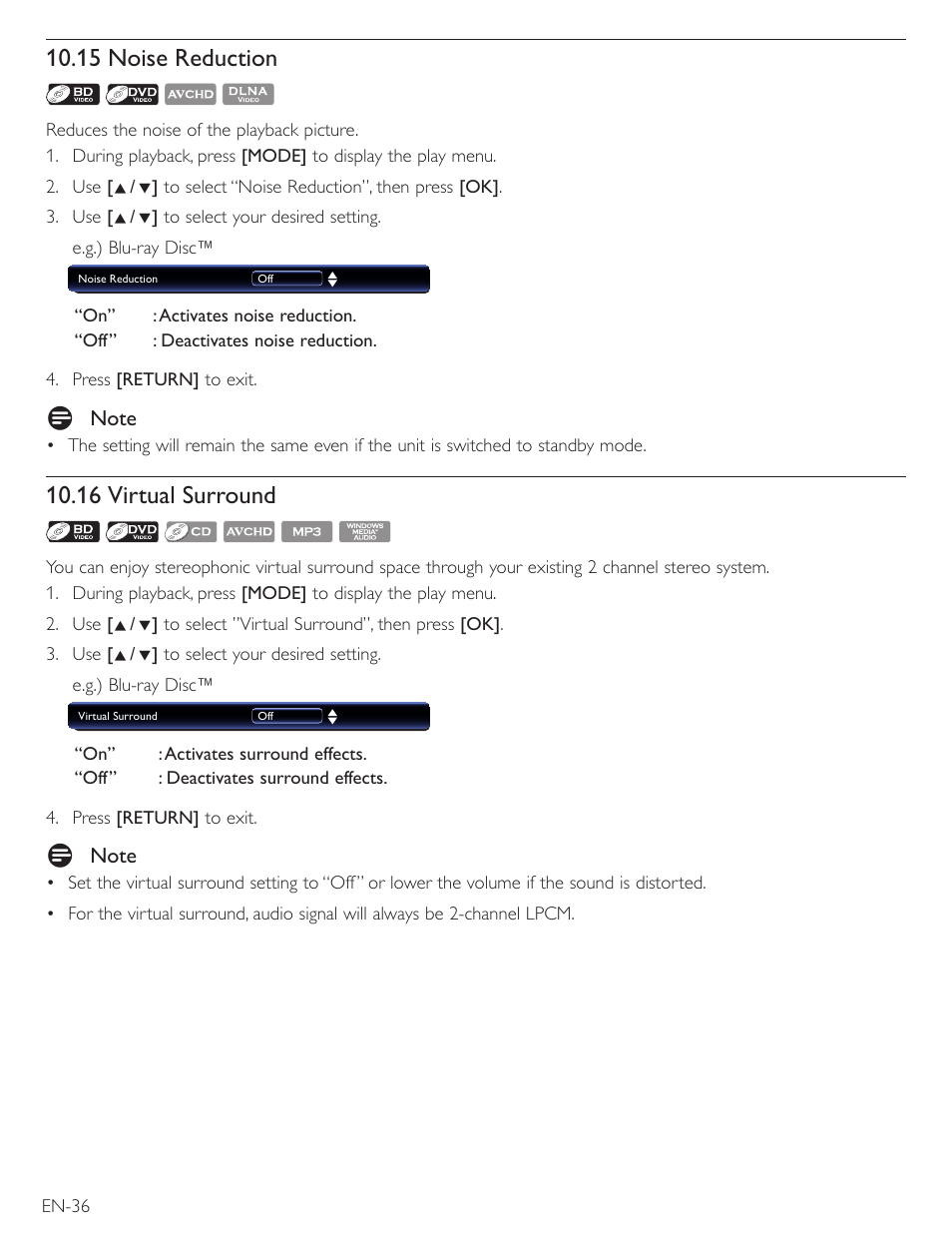 15 noise reduction, 16 virtual surround | Philips Magnavox Blu-Ray Disc/DVD Player with built in WiFi MBP5220F User Manual | Page 36 / 68