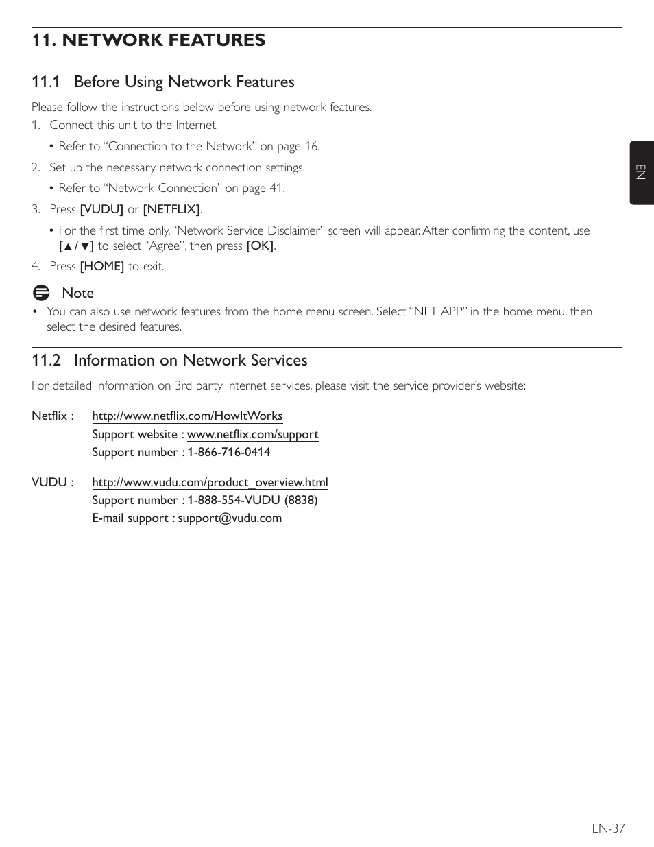 Network features, 1 before using network features, 2 information on network services | Philips Magnavox Blu-Ray Disc/DVD Player with built in WiFi MBP5220F User Manual | Page 37 / 68