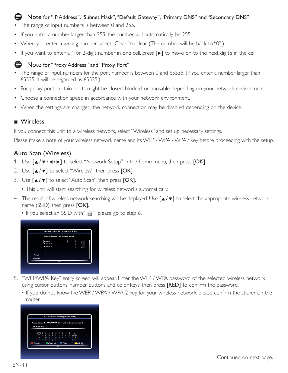 Wireless, Auto scan (wireless), En-44 | Continued on next page | Philips Magnavox Blu-Ray Disc/DVD Player with built in WiFi MBP5220F User Manual | Page 44 / 68