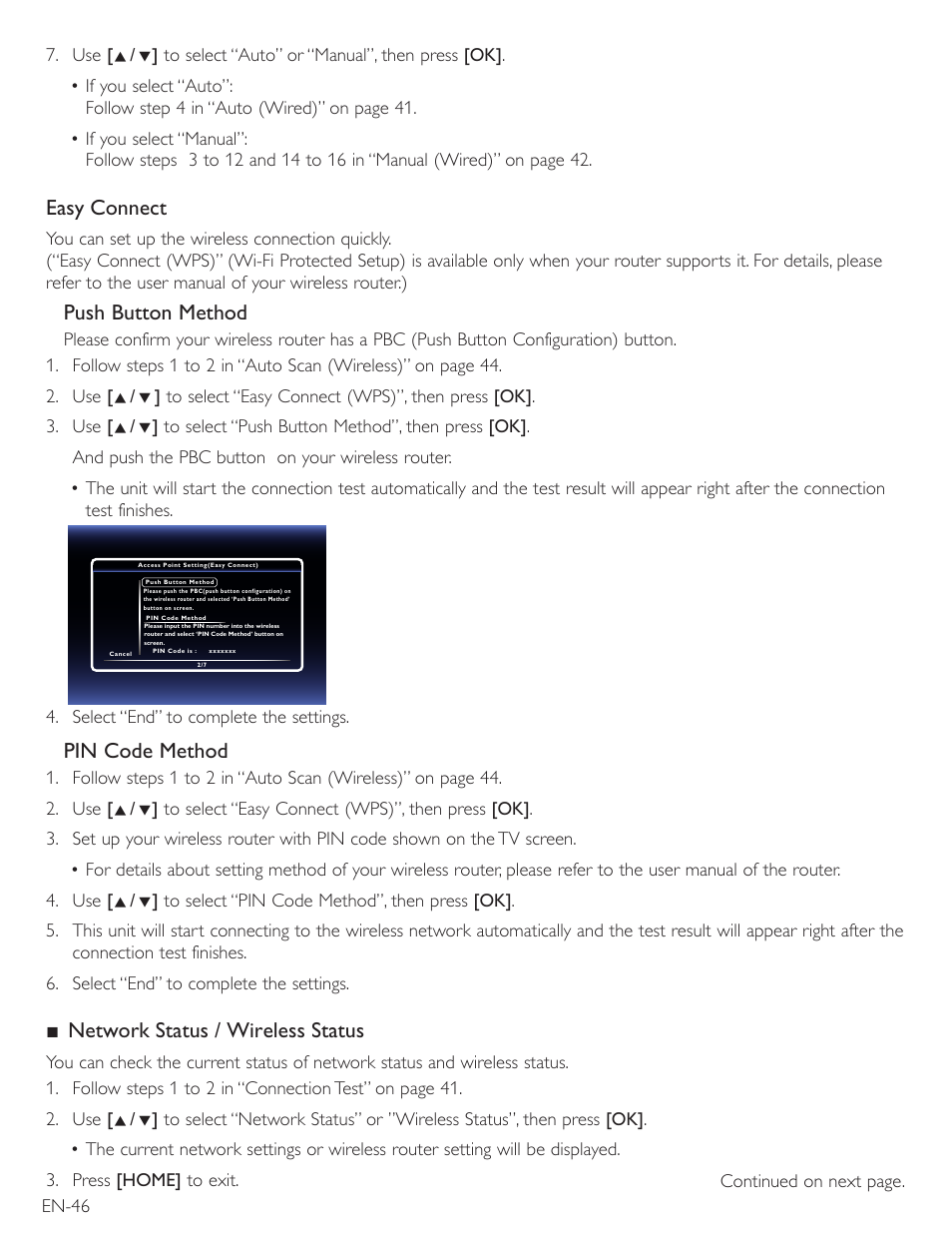 Easy connect, Push button method, Pin code method | Network status / wireless status | Philips Magnavox Blu-Ray Disc/DVD Player with built in WiFi MBP5220F User Manual | Page 46 / 68