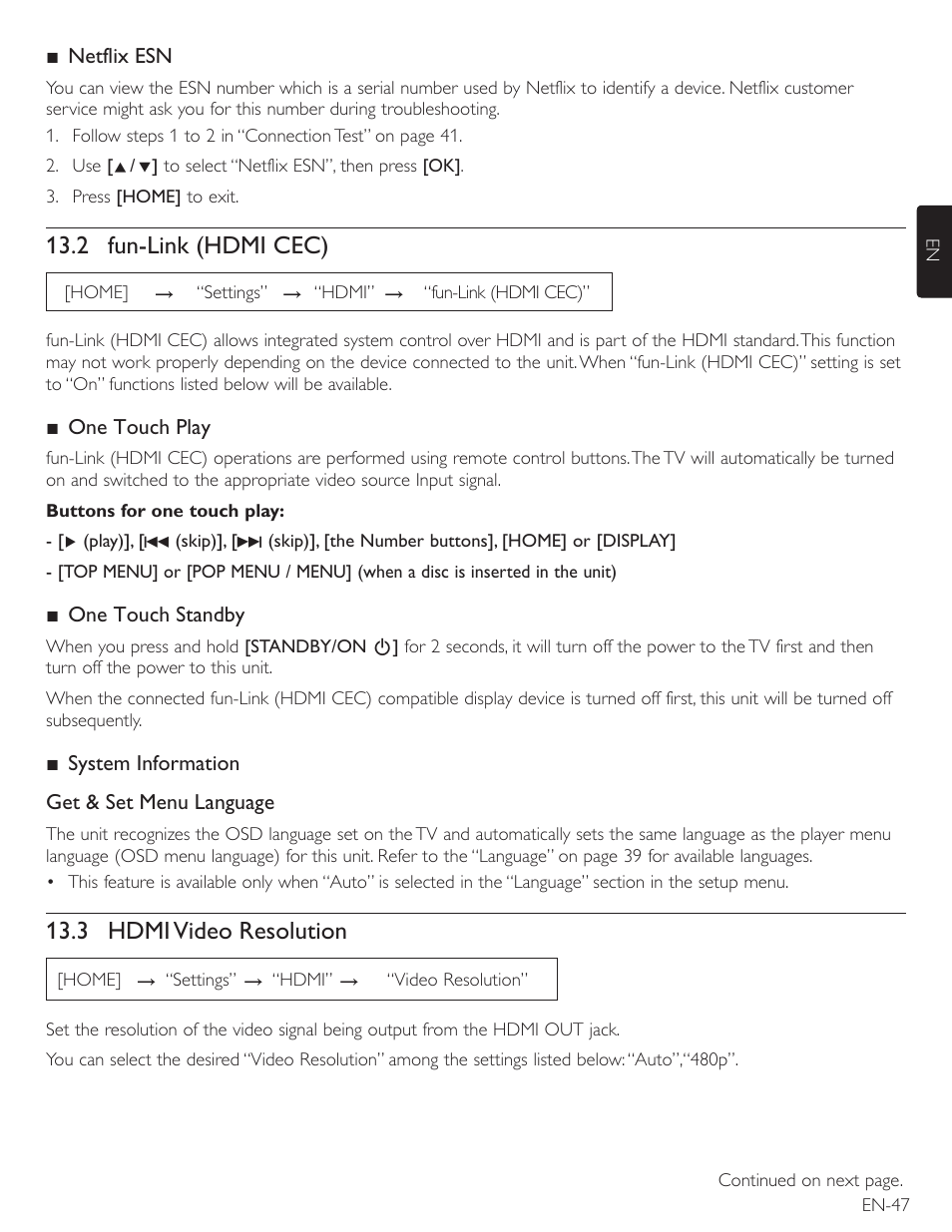 2 fun-link (hdmi cec), 3 hdmi video resolution | Philips Magnavox Blu-Ray Disc/DVD Player with built in WiFi MBP5220F User Manual | Page 47 / 68