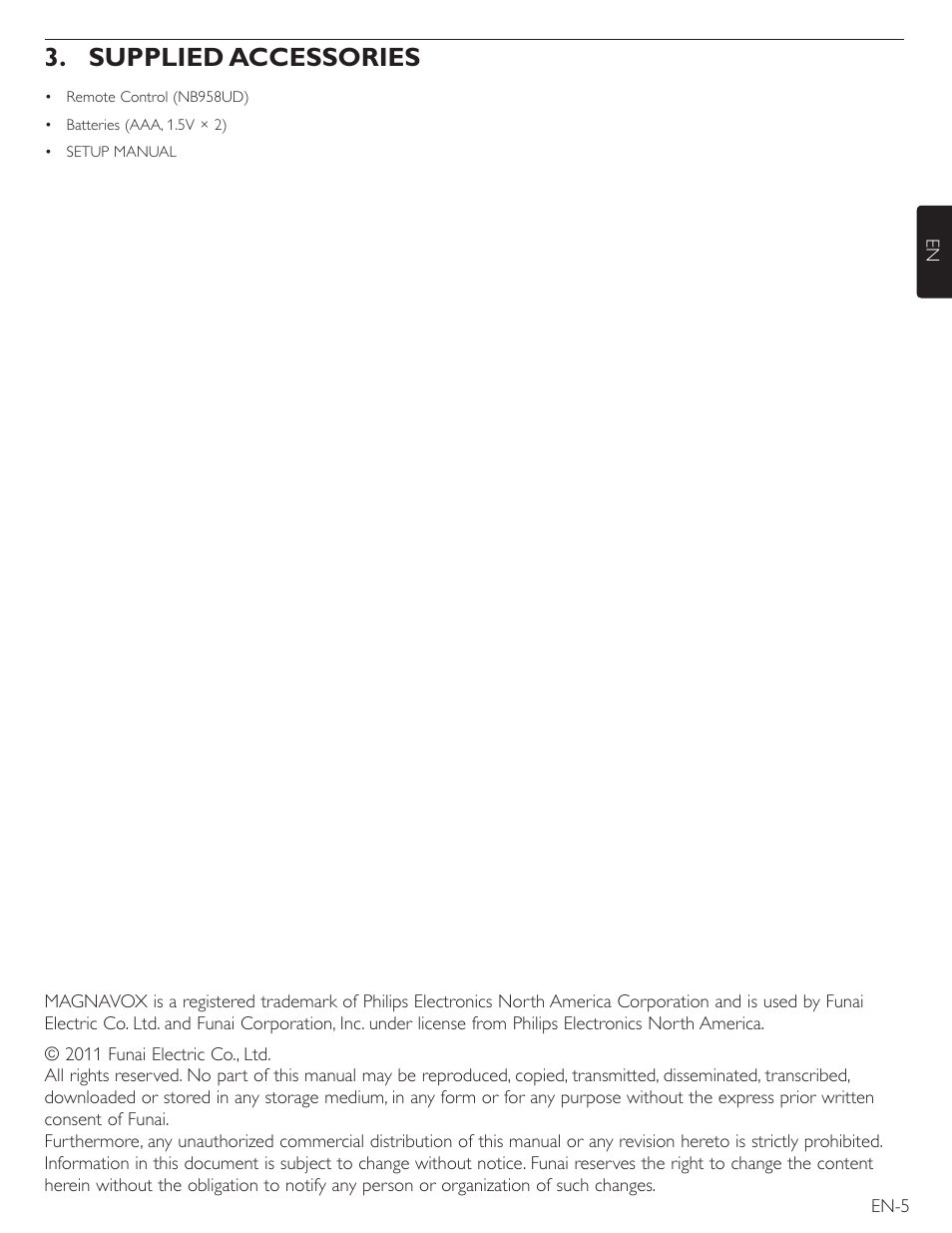 Supplied accessories | Philips Magnavox Blu-Ray Disc/DVD Player with built in WiFi MBP5220F User Manual | Page 5 / 68