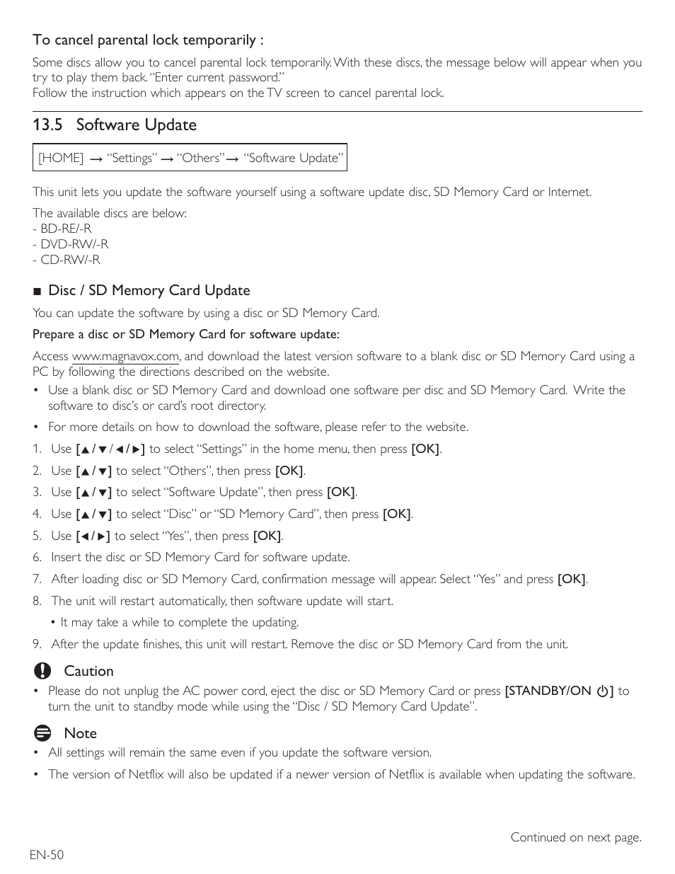 5 software update | Philips Magnavox Blu-Ray Disc/DVD Player with built in WiFi MBP5220F User Manual | Page 50 / 68