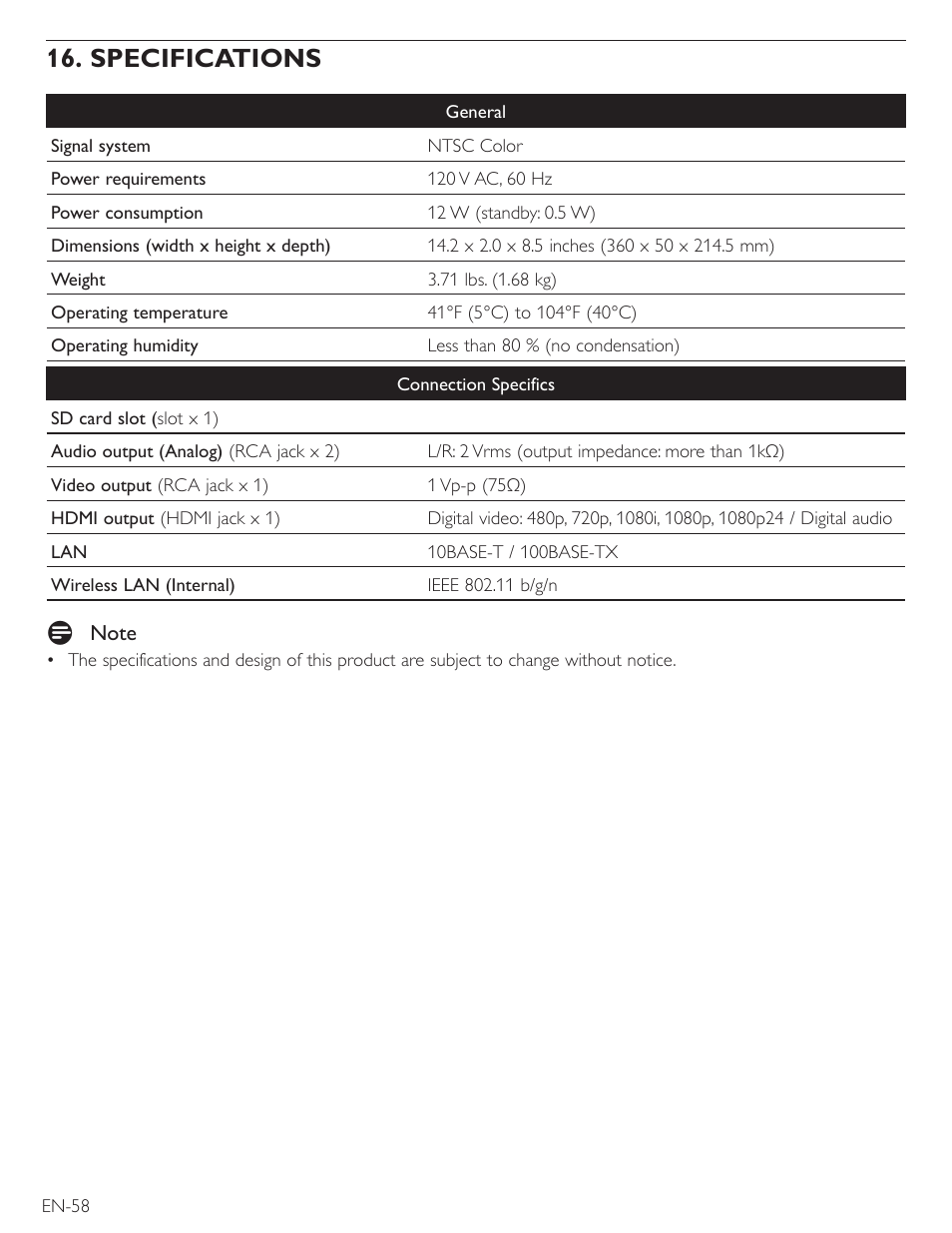 Specifications | Philips Magnavox Blu-Ray Disc/DVD Player with built in WiFi MBP5220F User Manual | Page 58 / 68