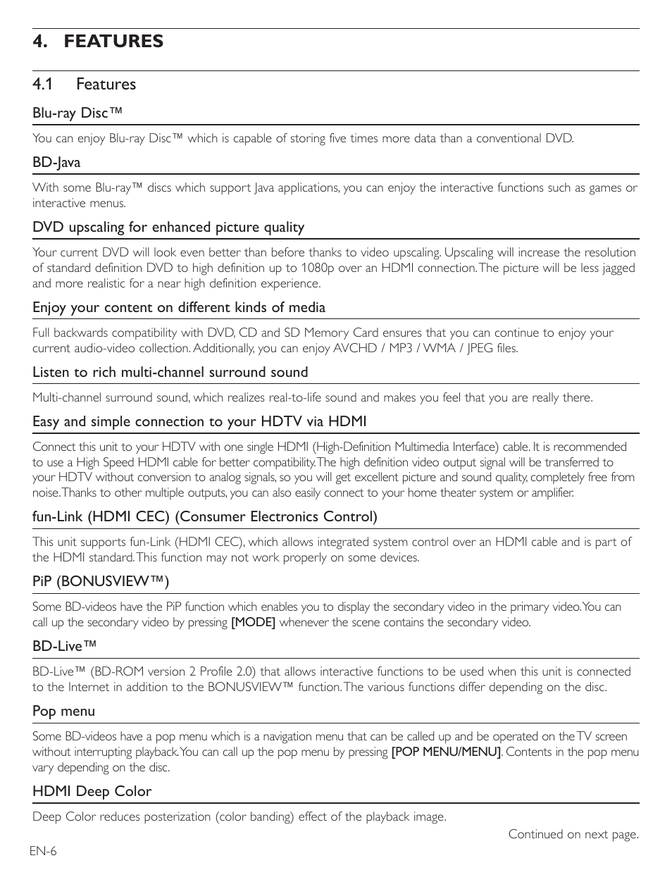 Features, 1 features | Philips Magnavox Blu-Ray Disc/DVD Player with built in WiFi MBP5220F User Manual | Page 6 / 68