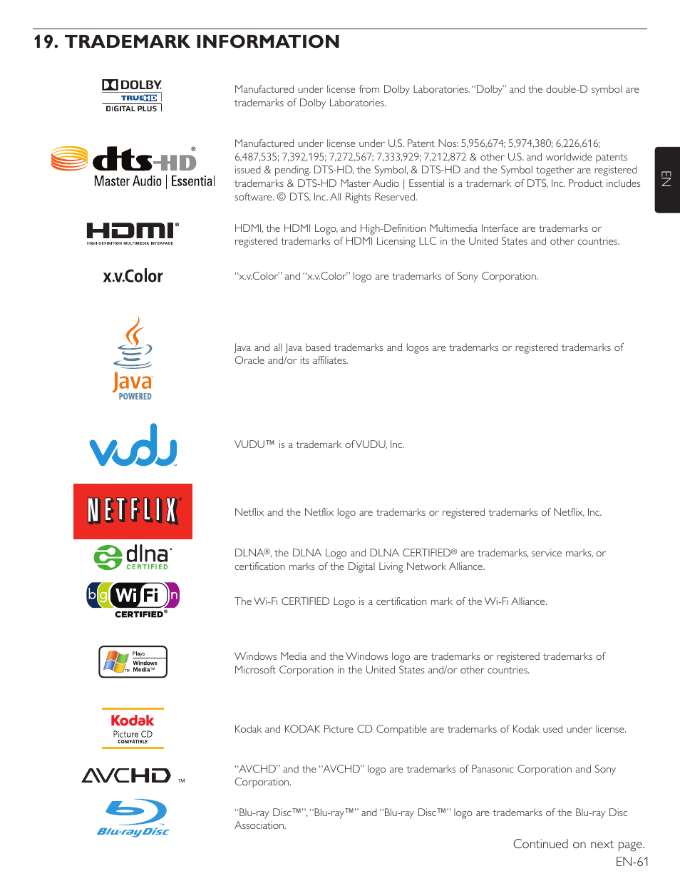 Trademark information | Philips Magnavox Blu-Ray Disc/DVD Player with built in WiFi MBP5220F User Manual | Page 61 / 68