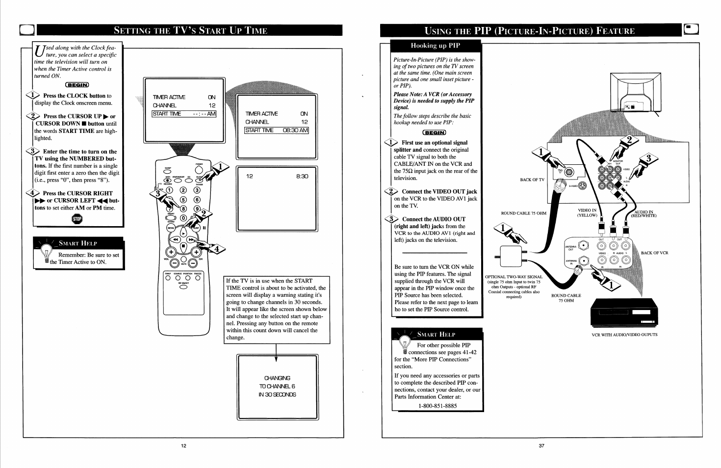 Setting the tv’s start up time, Press the clock button to, Using the pip (picture-in-picture) feature | O o o o, Pip (p | Philips COLOR TV User Manual | Page 19 / 30