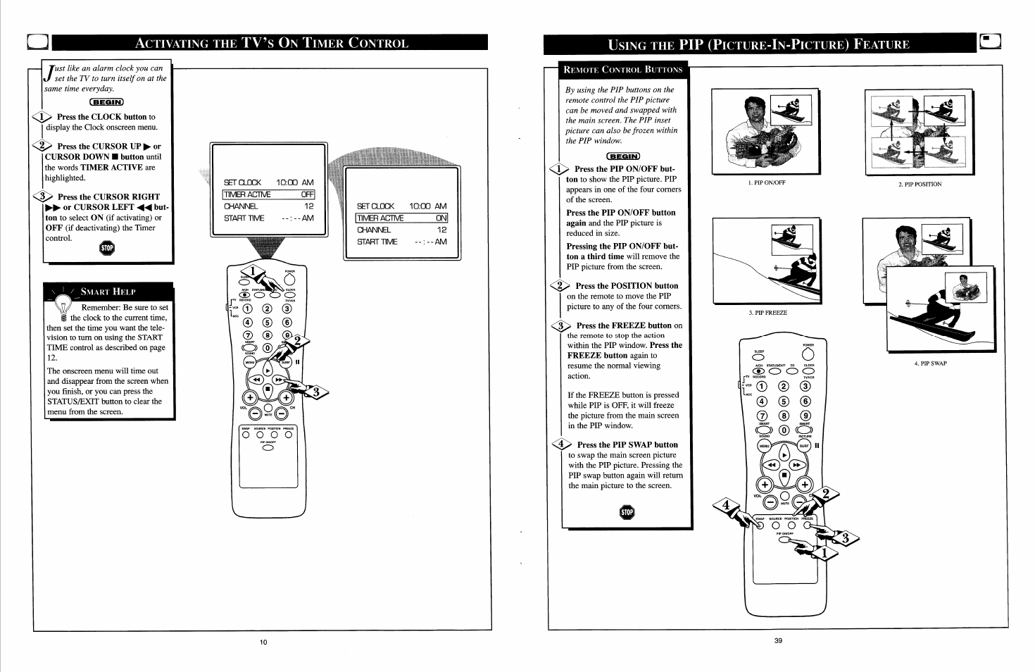 Activating the tv’s on timer control, Using the pip (picture-in-picture) feature, Press the freeze button on | D (d, O o o o | Philips COLOR TV User Manual | Page 21 / 30