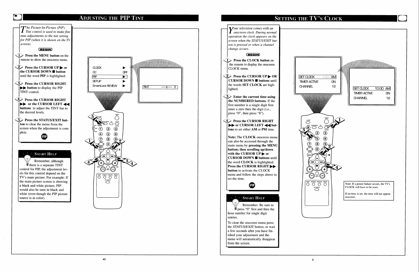 Adjusting the pip tint, Setting the tv’s clock, Press the cursor up ► or the cursor down ■ button | Press the clock button on, Pip t | Philips COLOR TV User Manual | Page 22 / 30