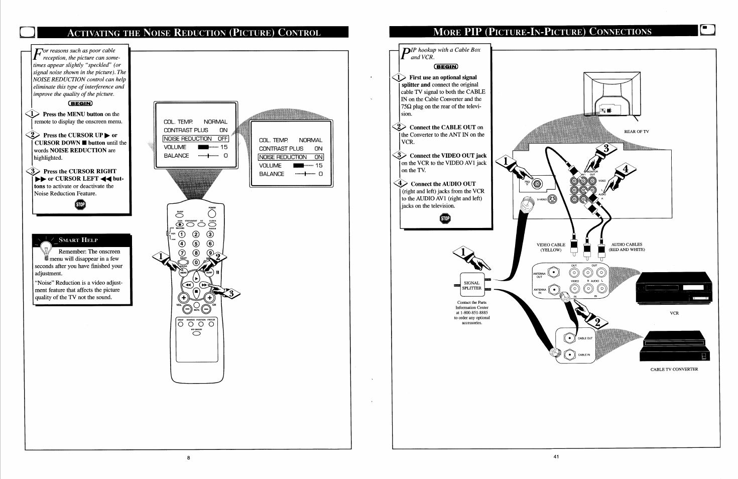 Activating the noise reduction (picture) control, More pip (picture-in-picture) connections, Connect the cable out on | Connect the video out jack, Connect the audio out | Philips COLOR TV User Manual | Page 23 / 30