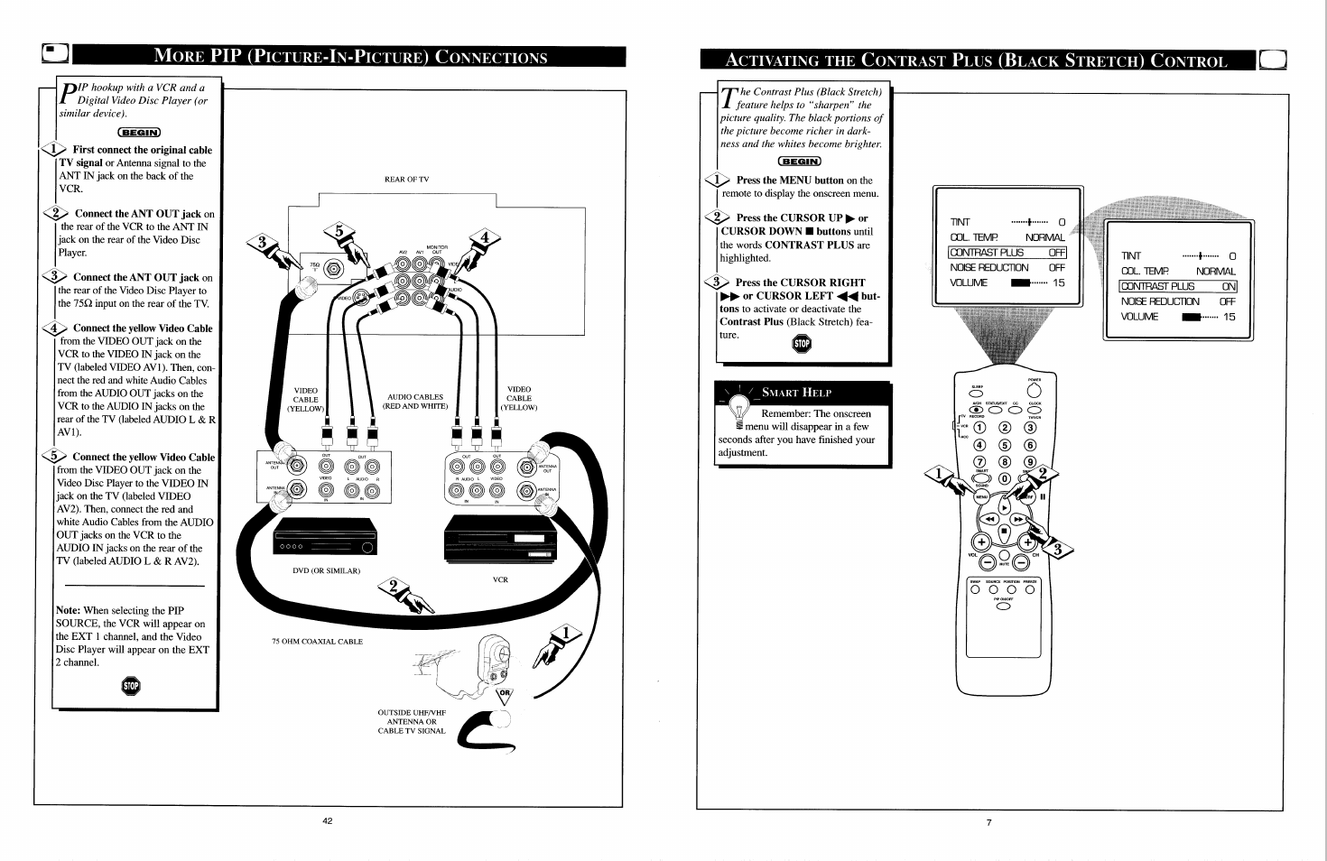 More pip (picture-in-picture) connections, Connect the ant out jack on, Connect the yellow video cable | Pip (p | Philips COLOR TV User Manual | Page 24 / 30