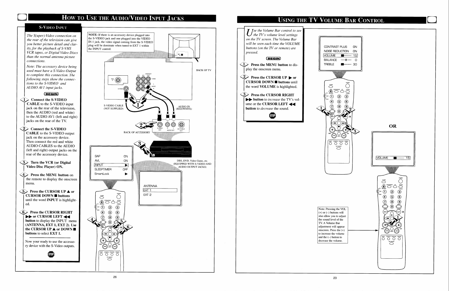 How to use the audio/video input jacks, S-video input, Tiirn the vcr (or digital i video disc player) on | Press the menu button on, Using the tv volume bar control, Tv v, O o o o | Philips COLOR TV User Manual | Page 3 / 30