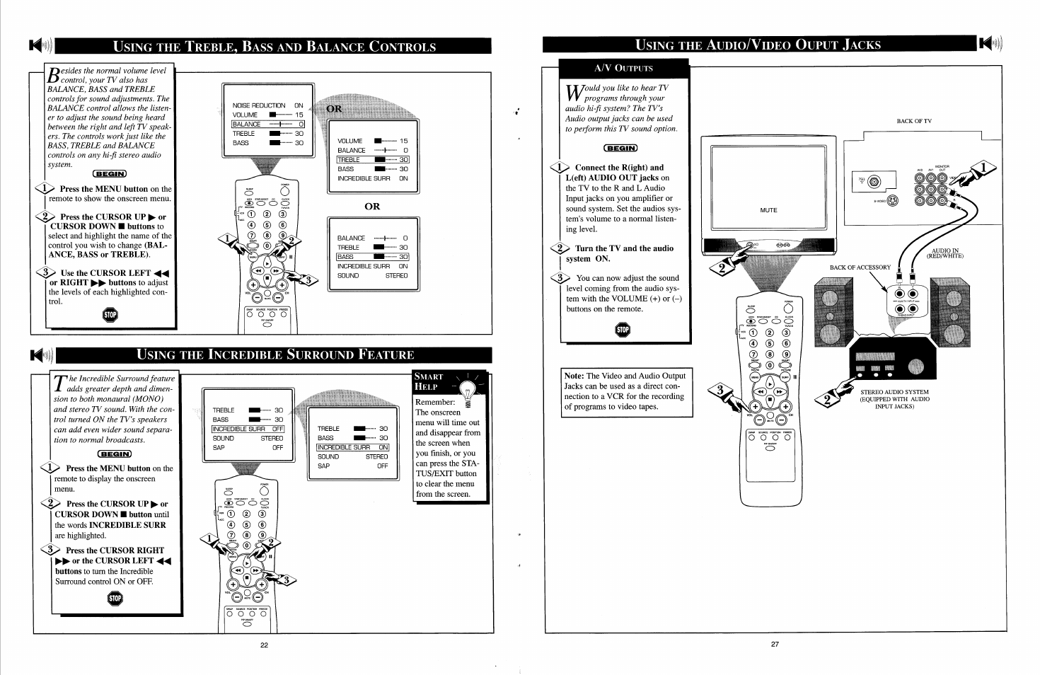 Using the treble, bass and balance controls, Using the audio/video ouput jacks, Press the cursor up ^ or cursor down ■ buttons to | Using the incredible surround feature, Connect the r(ight) and l(eft) audio out jacks on | Philips COLOR TV User Manual | Page 5 / 30