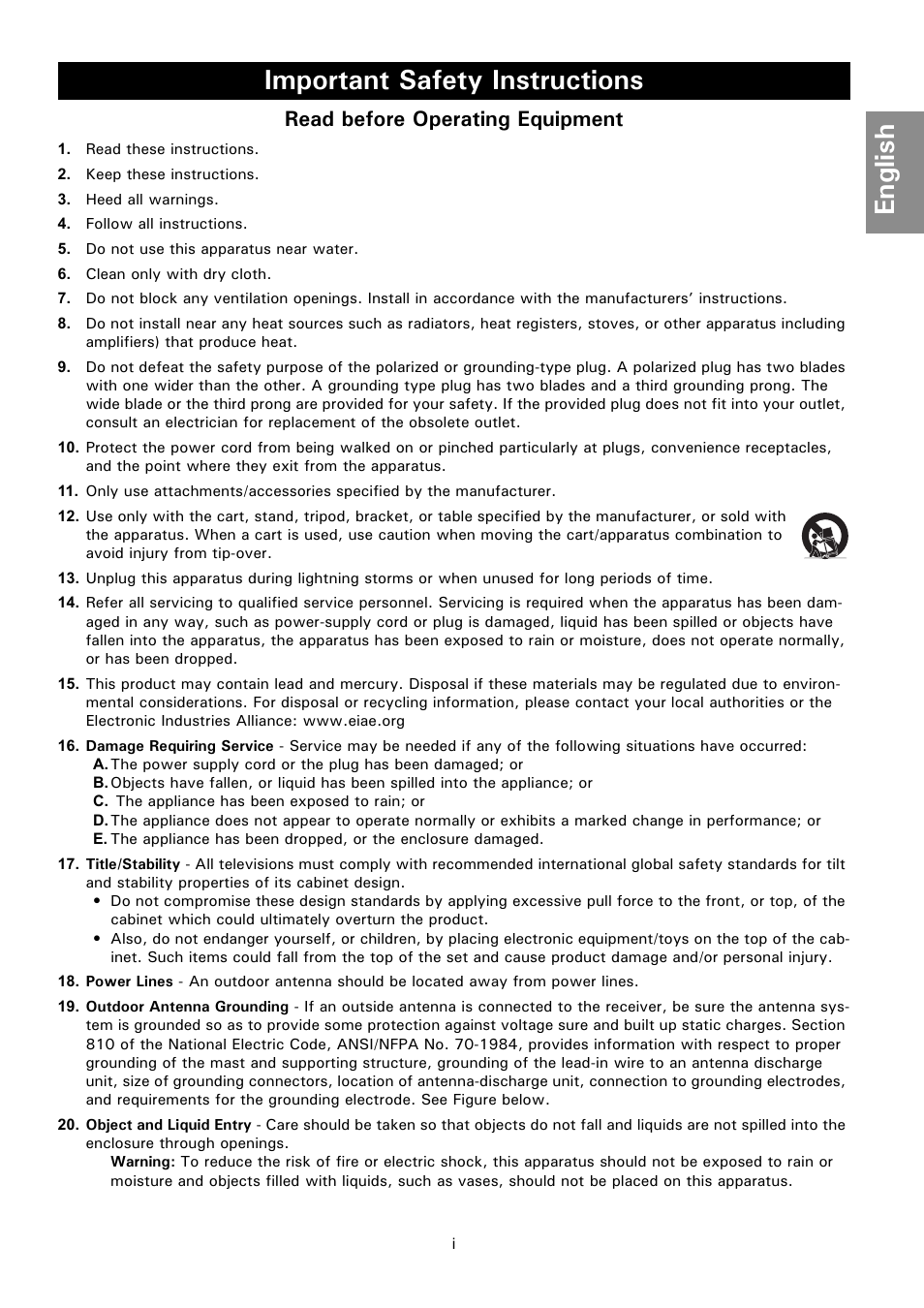 Important safety instructions, English, Read before operating equipment | Philips Magnavox 50ML8205D/17 User Manual | Page 3 / 49