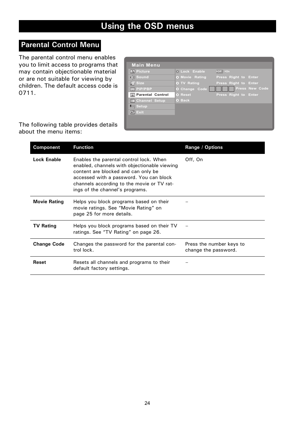 Parental control menu, Using the osd menus | Philips Magnavox 50ML8205D/17 User Manual | Page 30 / 49