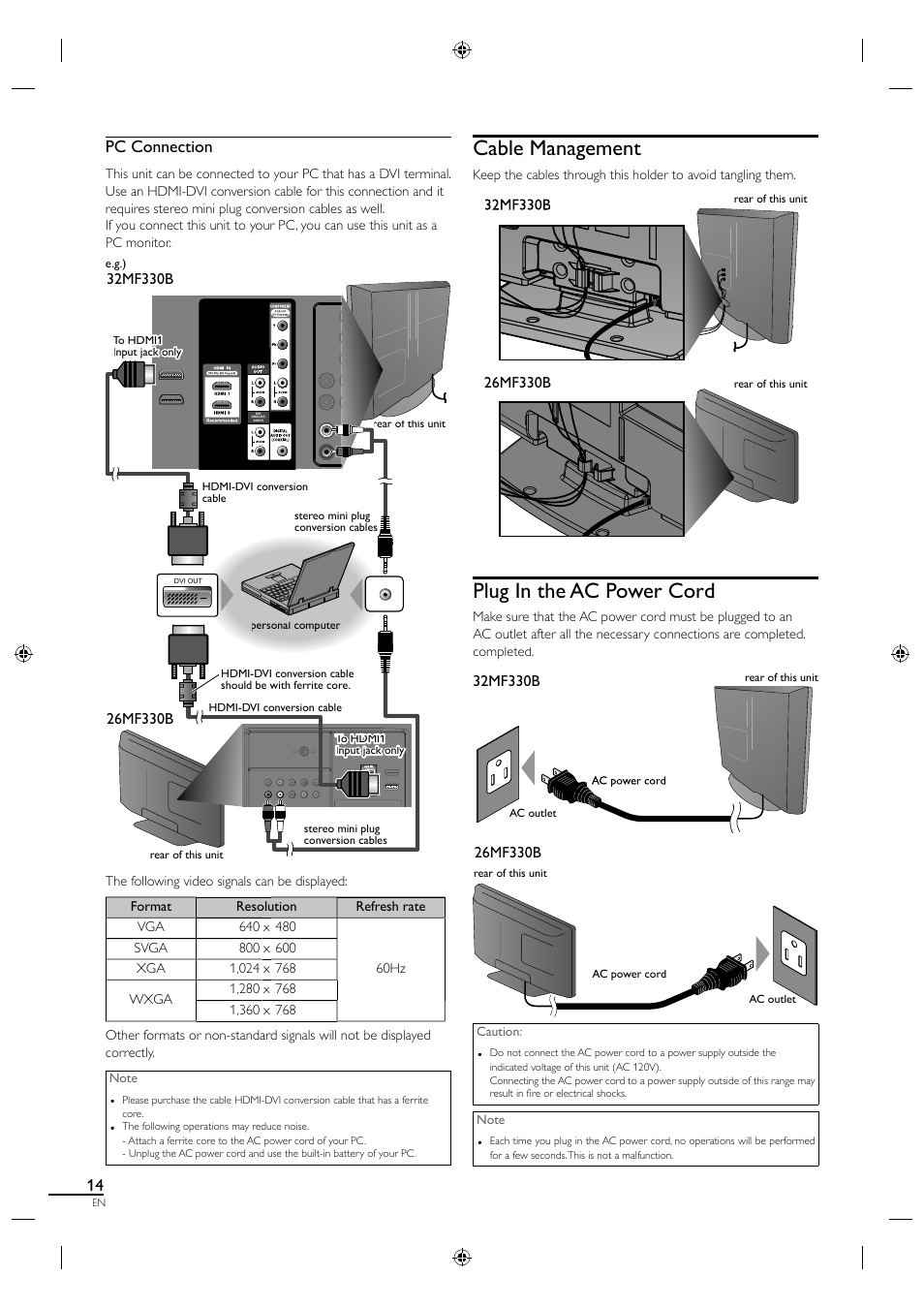 Cable management, Plug in the ac power cord, Pc connection | Philips Magnavox 26MF330B User Manual | Page 14 / 37