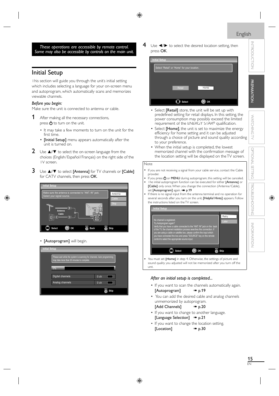 Initial setup, English, Before you begin | After an initial setup is completed | Philips Magnavox 26MF330B User Manual | Page 15 / 37