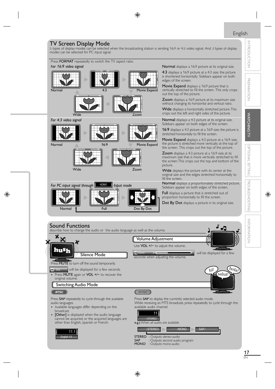 Tv screen display mode, Sound functions, English | Volume adjustment, Silence mode, Switching audio mode | Philips Magnavox 26MF330B User Manual | Page 17 / 37