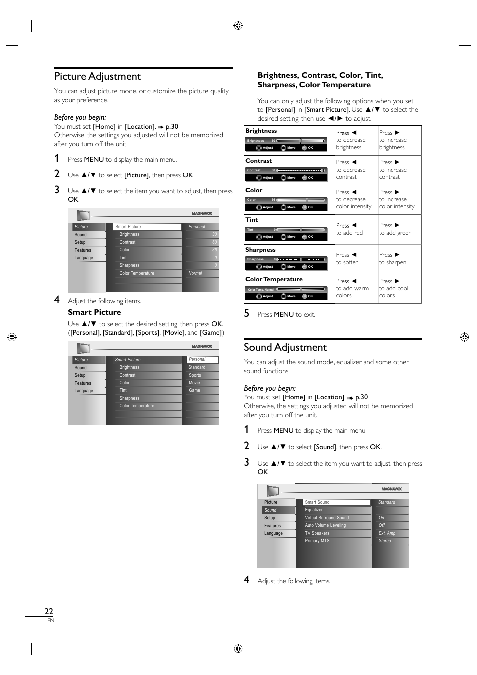 Picture adjustment, Sound adjustment, Before you begin | Smart picture | Philips Magnavox 26MF330B User Manual | Page 22 / 37