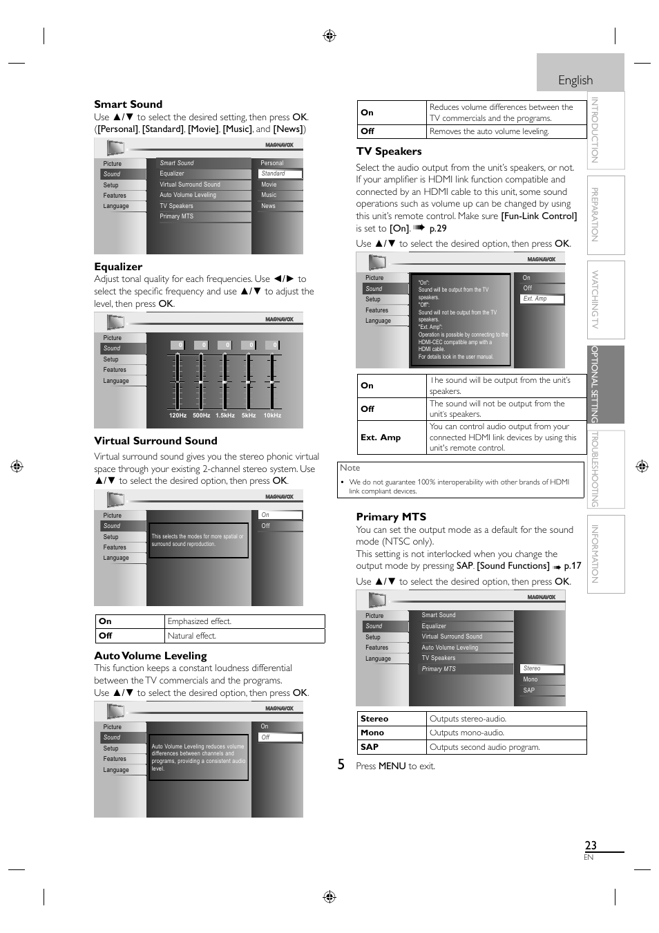 English, Smart sound, Equalizer | Virtual surround sound, Auto volume leveling, Tv speakers, Primary mts | Philips Magnavox 26MF330B User Manual | Page 23 / 37
