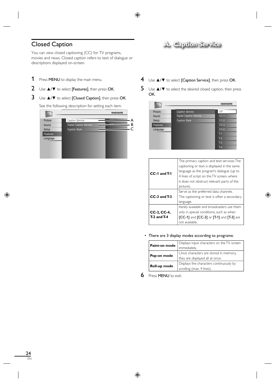 Closed caption, A. caption service, A. caption service 4 | Philips Magnavox 26MF330B User Manual | Page 24 / 37