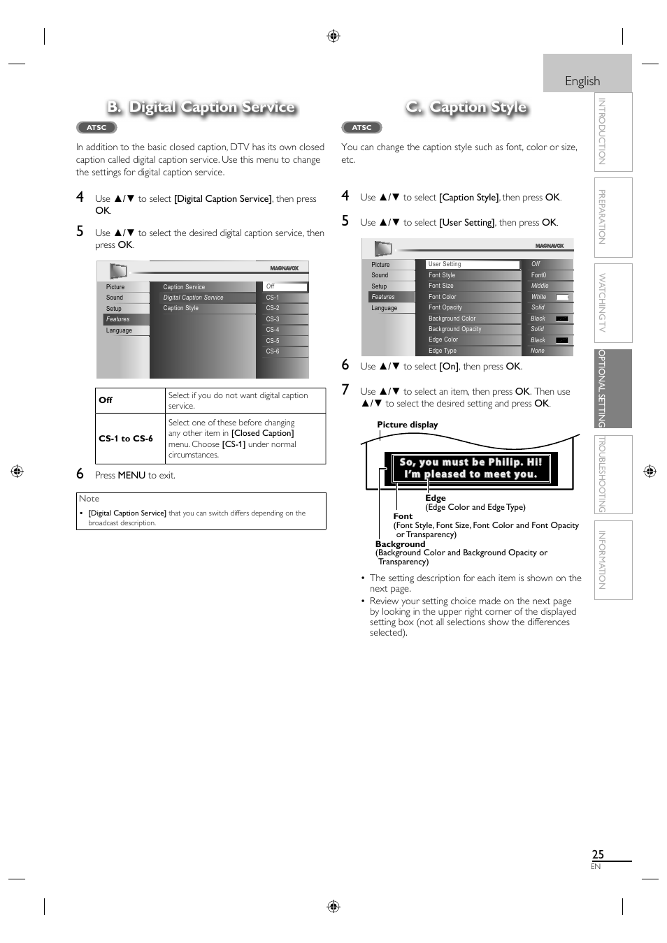 B. digital caption service, C. caption style, English | Philips Magnavox 26MF330B User Manual | Page 25 / 37