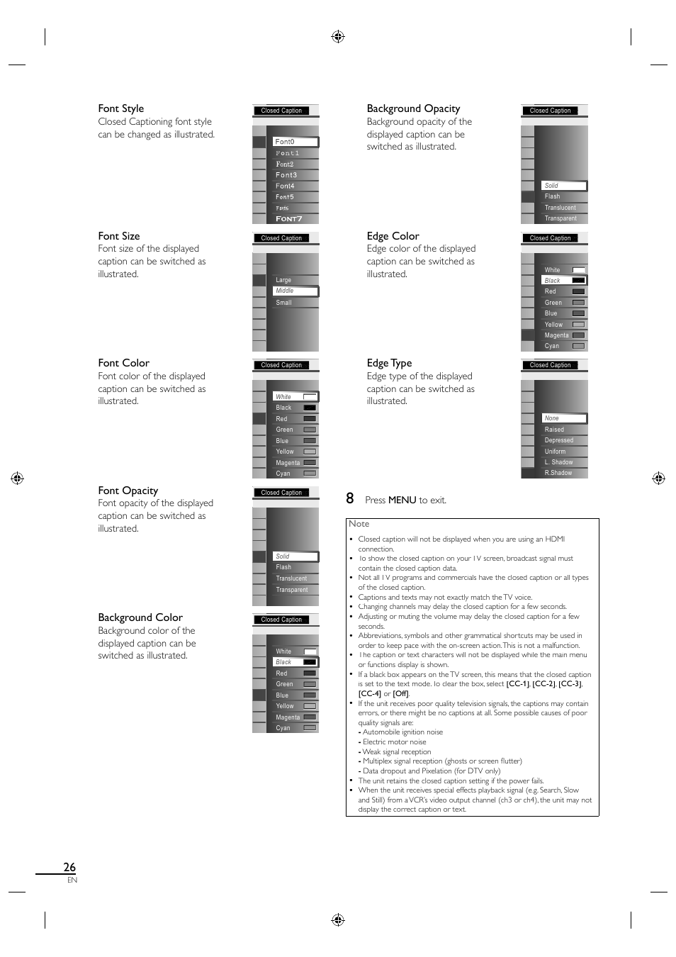 Font style, Font size, Font color | Font opacity, Background color, Background opacity, Edge color, Edge type | Philips Magnavox 26MF330B User Manual | Page 26 / 37