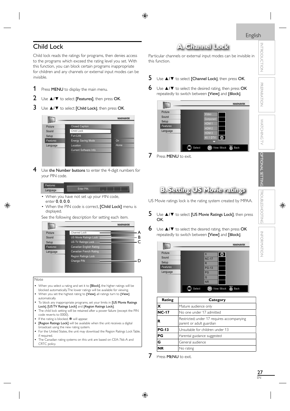 Child lock, A. channel lock, B. setting us movie ratings | English | Philips Magnavox 26MF330B User Manual | Page 27 / 37