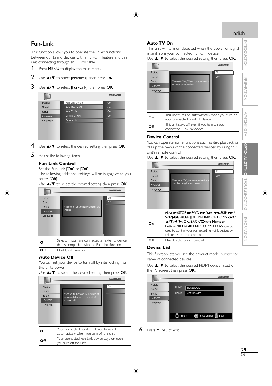 Fun-link, English, Fun-link control | Auto device off, Auto tv on, Device control, Device list | Philips Magnavox 26MF330B User Manual | Page 29 / 37